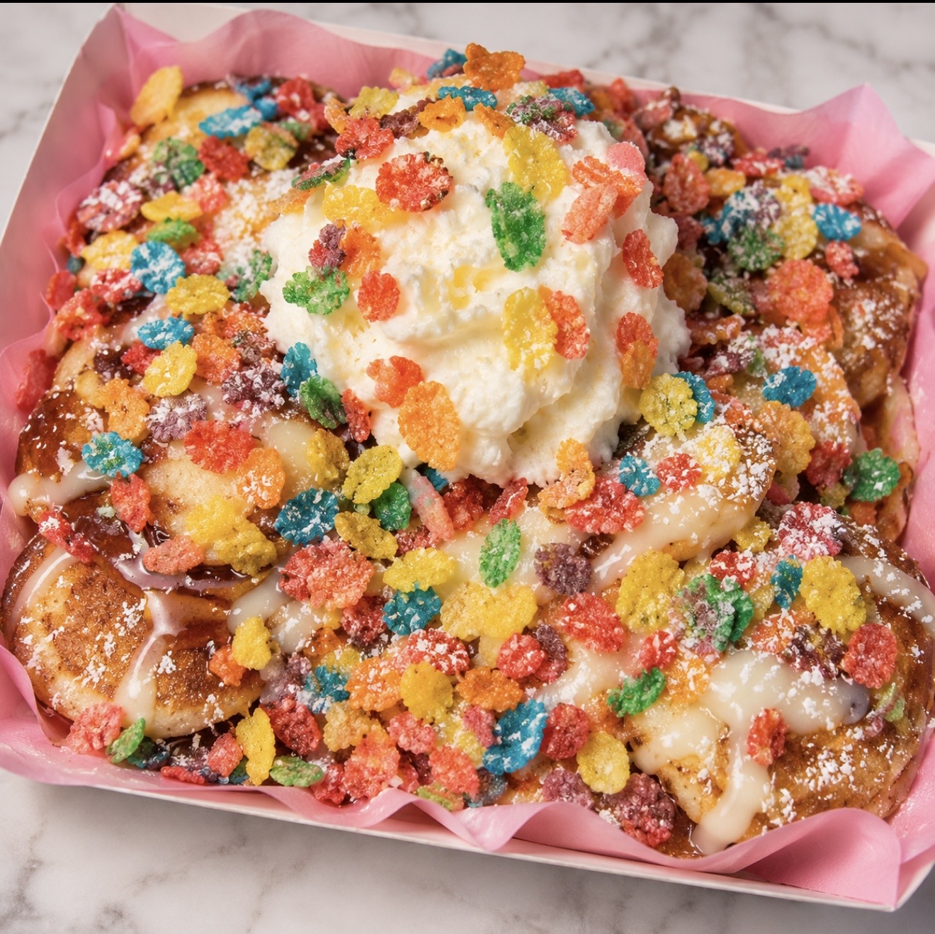 Colorful Fruity Pebbles mini pancakes